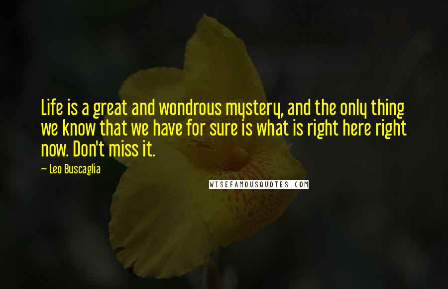 Leo Buscaglia Quotes: Life is a great and wondrous mystery, and the only thing we know that we have for sure is what is right here right now. Don't miss it.