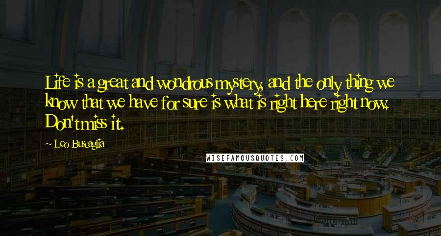 Leo Buscaglia Quotes: Life is a great and wondrous mystery, and the only thing we know that we have for sure is what is right here right now. Don't miss it.