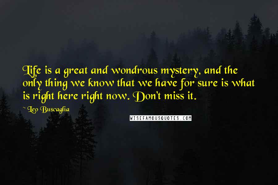 Leo Buscaglia Quotes: Life is a great and wondrous mystery, and the only thing we know that we have for sure is what is right here right now. Don't miss it.