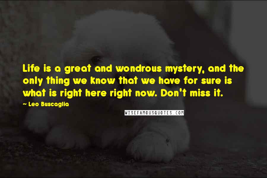 Leo Buscaglia Quotes: Life is a great and wondrous mystery, and the only thing we know that we have for sure is what is right here right now. Don't miss it.