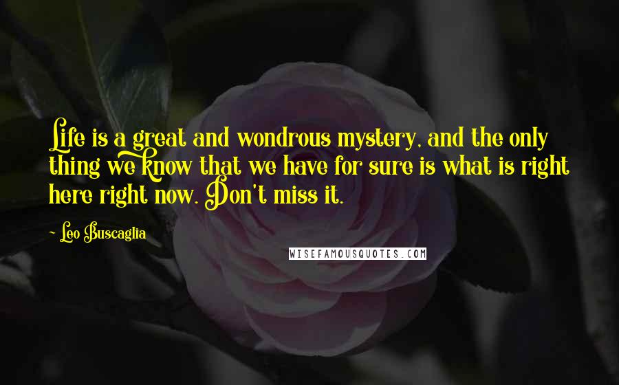 Leo Buscaglia Quotes: Life is a great and wondrous mystery, and the only thing we know that we have for sure is what is right here right now. Don't miss it.