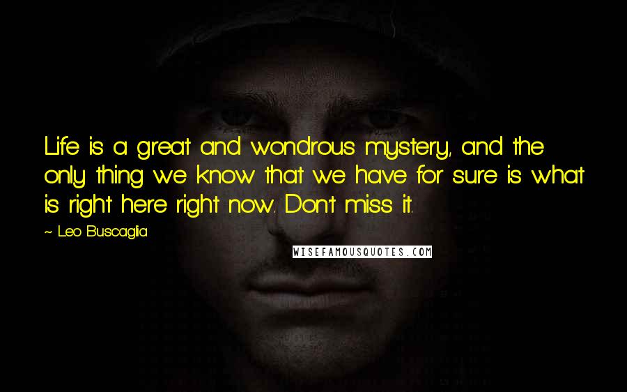 Leo Buscaglia Quotes: Life is a great and wondrous mystery, and the only thing we know that we have for sure is what is right here right now. Don't miss it.