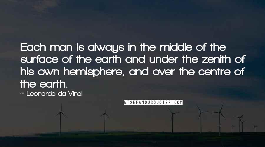 Leonardo Da Vinci Quotes: Each man is always in the middle of the surface of the earth and under the zenith of his own hemisphere, and over the centre of the earth.