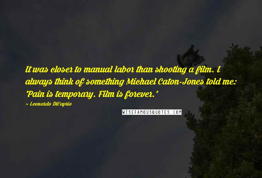 Leonardo DiCaprio Quotes: It was closer to manual labor than shooting a film. I always think of something Michael Caton-Jones told me: 'Pain is temporary. Film is forever.'