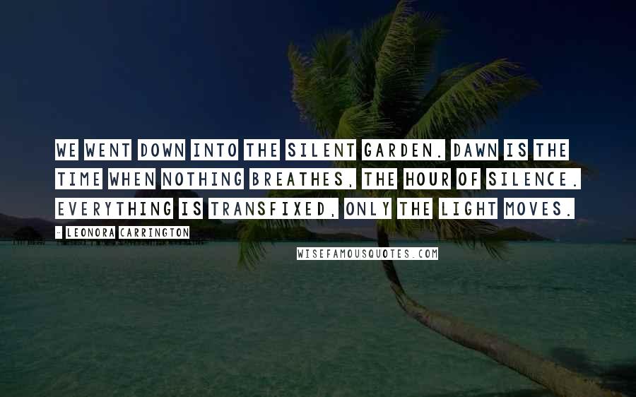 Leonora Carrington Quotes: We went down into the silent garden. Dawn is the time when nothing breathes, the hour of silence. Everything is transfixed, only the light moves.