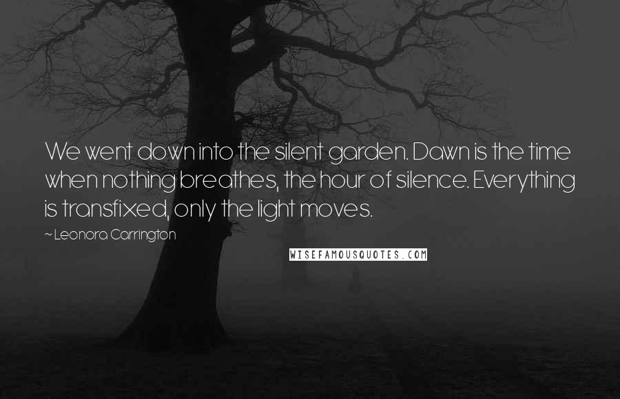 Leonora Carrington Quotes: We went down into the silent garden. Dawn is the time when nothing breathes, the hour of silence. Everything is transfixed, only the light moves.