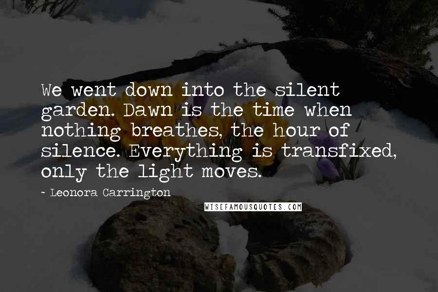 Leonora Carrington Quotes: We went down into the silent garden. Dawn is the time when nothing breathes, the hour of silence. Everything is transfixed, only the light moves.