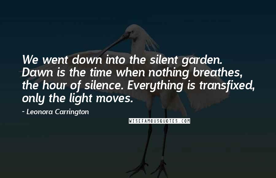 Leonora Carrington Quotes: We went down into the silent garden. Dawn is the time when nothing breathes, the hour of silence. Everything is transfixed, only the light moves.