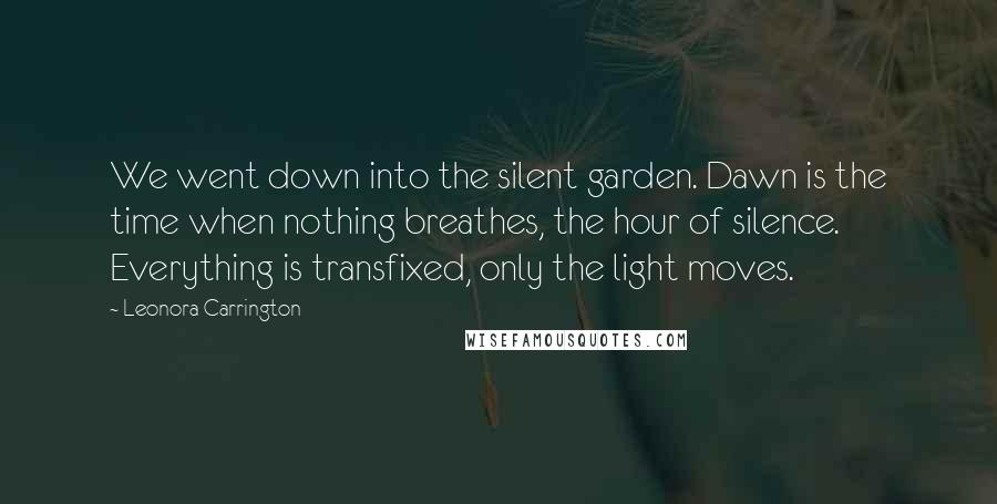 Leonora Carrington Quotes: We went down into the silent garden. Dawn is the time when nothing breathes, the hour of silence. Everything is transfixed, only the light moves.