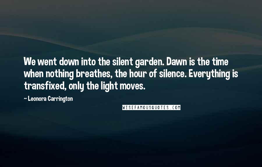 Leonora Carrington Quotes: We went down into the silent garden. Dawn is the time when nothing breathes, the hour of silence. Everything is transfixed, only the light moves.