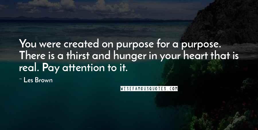 Les Brown Quotes: You were created on purpose for a purpose. There is a thirst and hunger in your heart that is real. Pay attention to it.