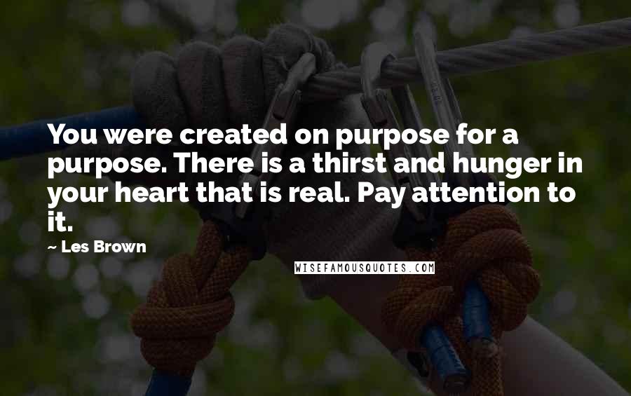 Les Brown Quotes: You were created on purpose for a purpose. There is a thirst and hunger in your heart that is real. Pay attention to it.