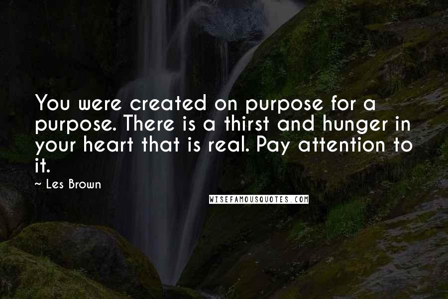 Les Brown Quotes: You were created on purpose for a purpose. There is a thirst and hunger in your heart that is real. Pay attention to it.