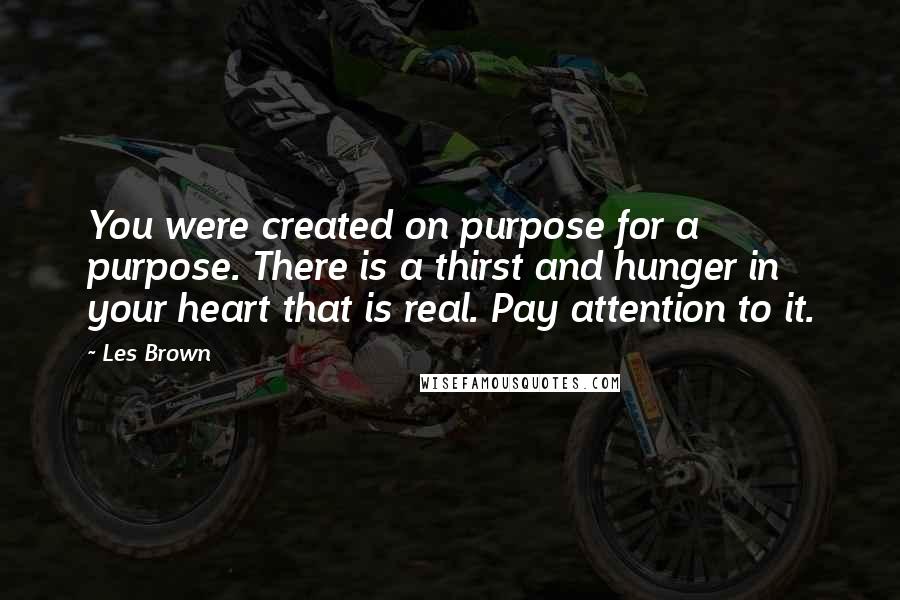 Les Brown Quotes: You were created on purpose for a purpose. There is a thirst and hunger in your heart that is real. Pay attention to it.