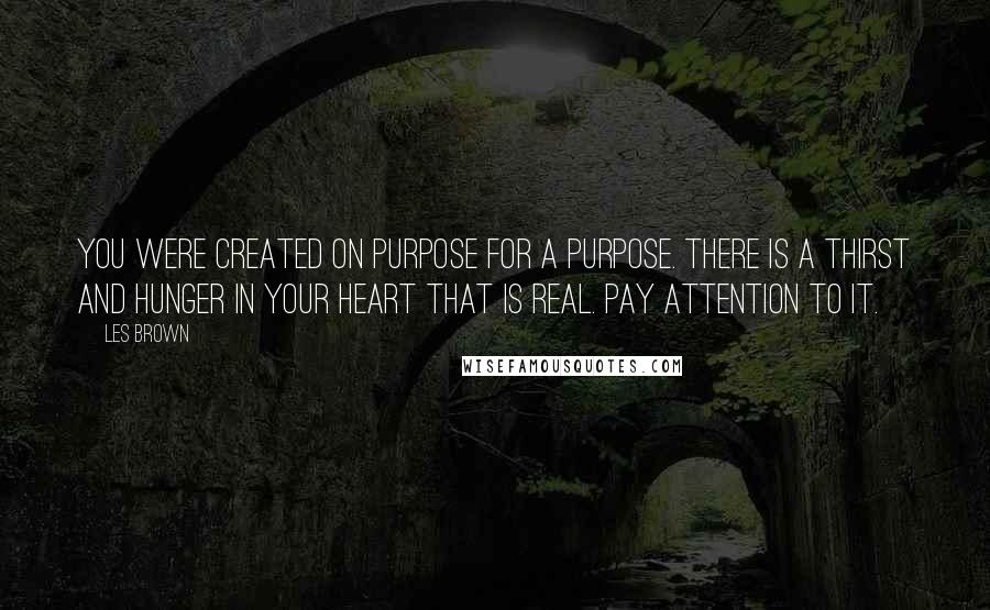 Les Brown Quotes: You were created on purpose for a purpose. There is a thirst and hunger in your heart that is real. Pay attention to it.