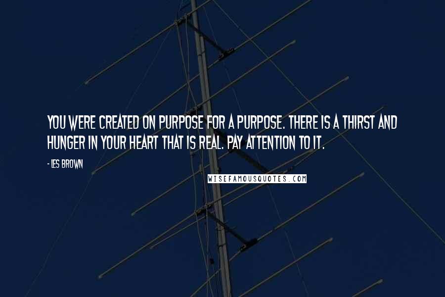 Les Brown Quotes: You were created on purpose for a purpose. There is a thirst and hunger in your heart that is real. Pay attention to it.