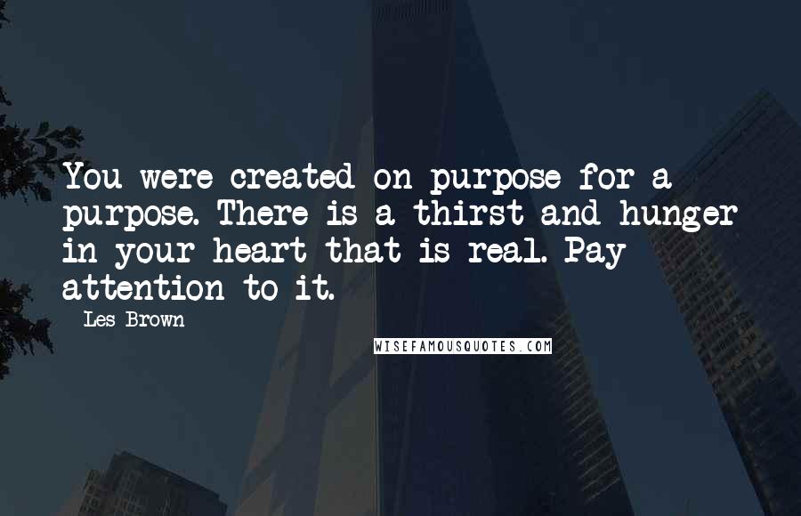 Les Brown Quotes: You were created on purpose for a purpose. There is a thirst and hunger in your heart that is real. Pay attention to it.