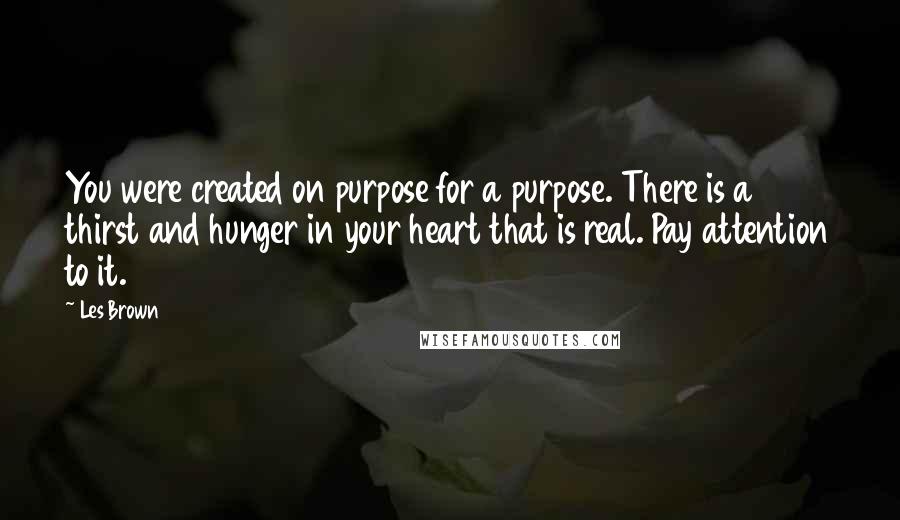 Les Brown Quotes: You were created on purpose for a purpose. There is a thirst and hunger in your heart that is real. Pay attention to it.