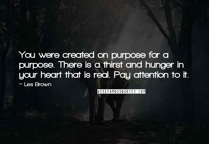 Les Brown Quotes: You were created on purpose for a purpose. There is a thirst and hunger in your heart that is real. Pay attention to it.