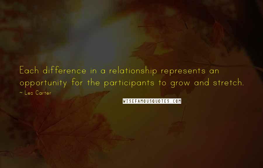 Les Carter Quotes: Each difference in a relationship represents an opportunity for the participants to grow and stretch.