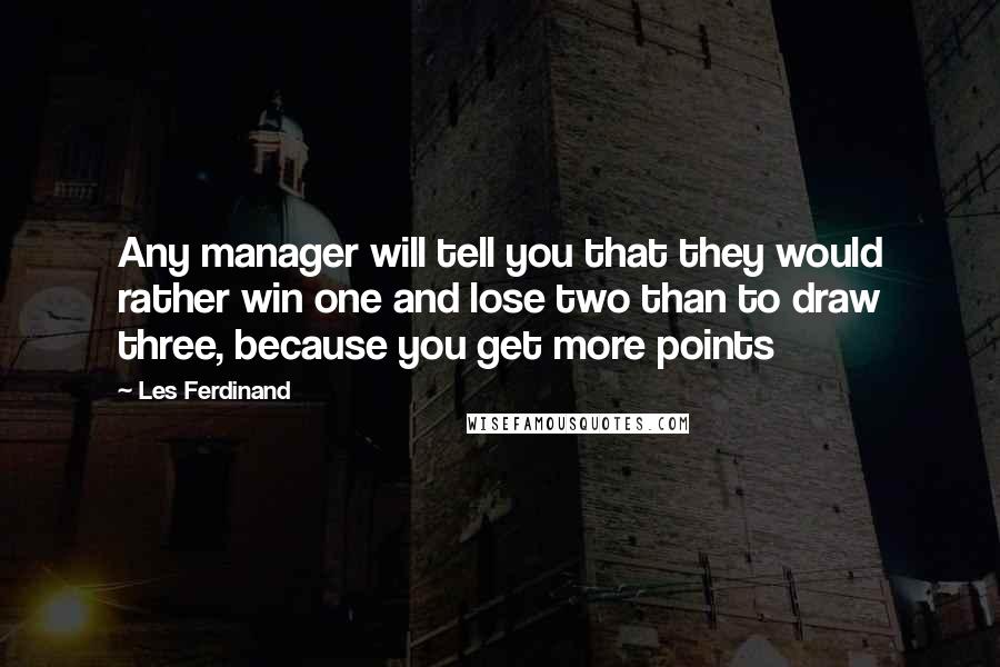 Les Ferdinand Quotes: Any manager will tell you that they would rather win one and lose two than to draw three, because you get more points