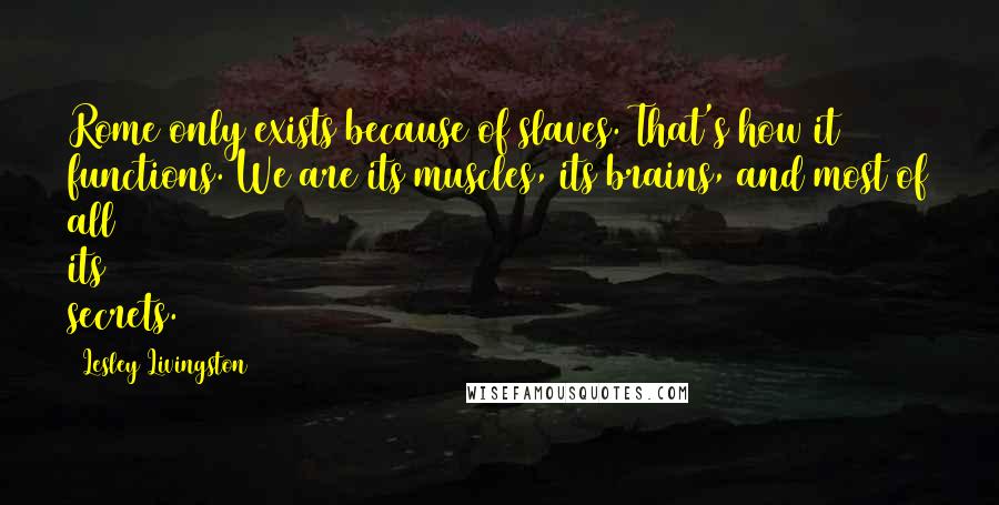 Lesley Livingston Quotes: Rome only exists because of slaves. That's how it functions. We are its muscles, its brains, and most of all its secrets.