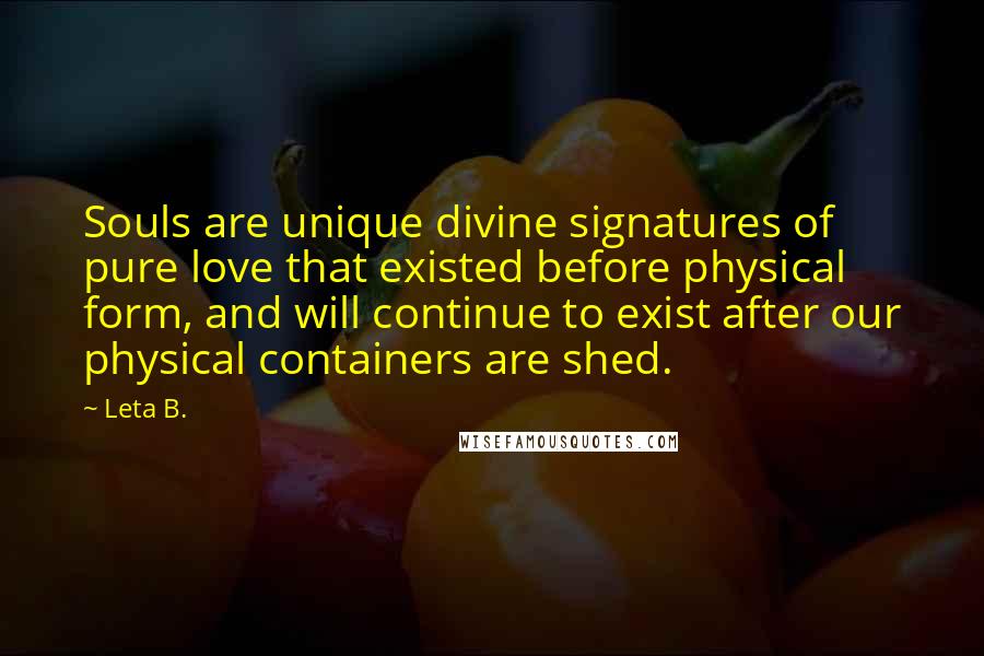 Leta B. Quotes: Souls are unique divine signatures of pure love that existed before physical form, and will continue to exist after our physical containers are shed.