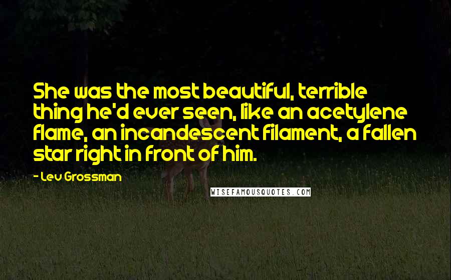 Lev Grossman Quotes: She was the most beautiful, terrible thing he'd ever seen, like an acetylene flame, an incandescent filament, a fallen star right in front of him.