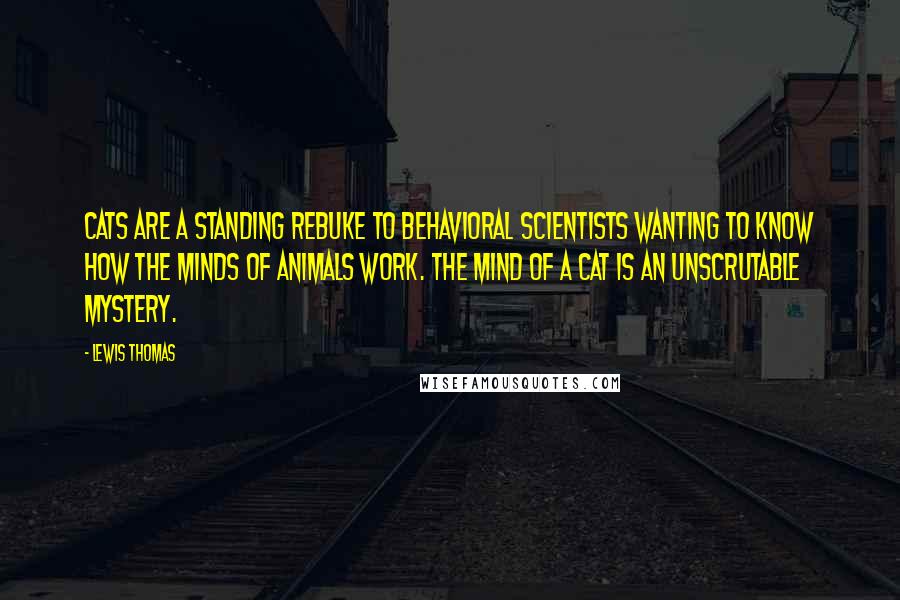 Lewis Thomas Quotes: Cats are a standing rebuke to behavioral scientists wanting to know how the minds of animals work. The mind of a cat is an unscrutable mystery.