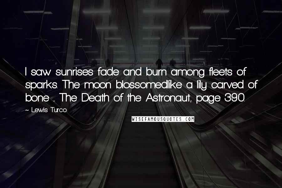 Lewis Turco Quotes: I saw sunrises fade and burn among fleets of sparks. The moon blossomedlike a lily carved of bone ... The Death of the Astronaut, page 390.