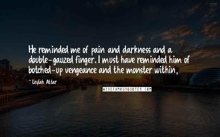 Leylah Attar Quotes: He reminded me of pain and darkness and a double-gauzed finger. I must have reminded him of botched-up vengeance and the monster within,