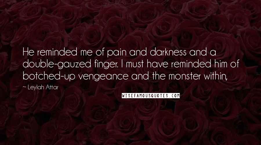 Leylah Attar Quotes: He reminded me of pain and darkness and a double-gauzed finger. I must have reminded him of botched-up vengeance and the monster within,