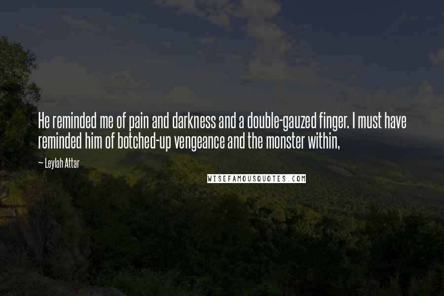 Leylah Attar Quotes: He reminded me of pain and darkness and a double-gauzed finger. I must have reminded him of botched-up vengeance and the monster within,