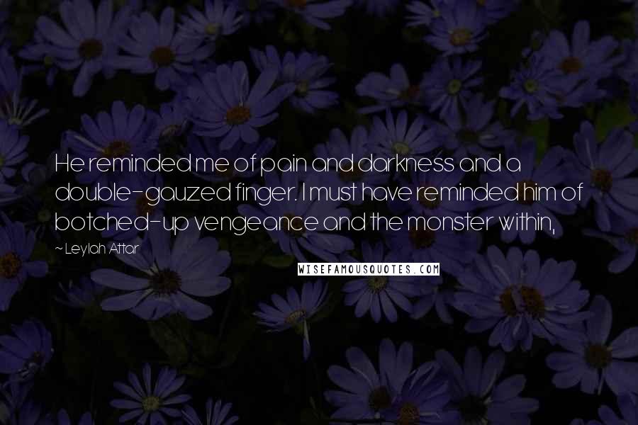 Leylah Attar Quotes: He reminded me of pain and darkness and a double-gauzed finger. I must have reminded him of botched-up vengeance and the monster within,