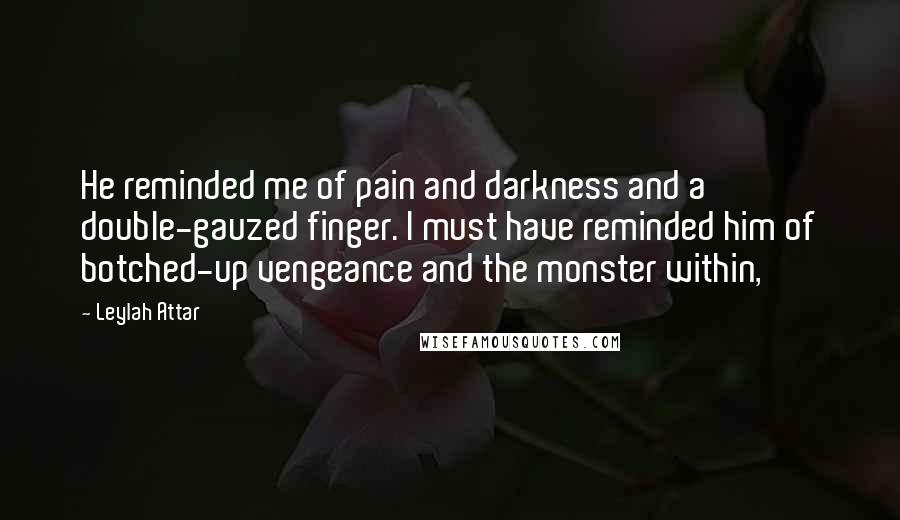 Leylah Attar Quotes: He reminded me of pain and darkness and a double-gauzed finger. I must have reminded him of botched-up vengeance and the monster within,