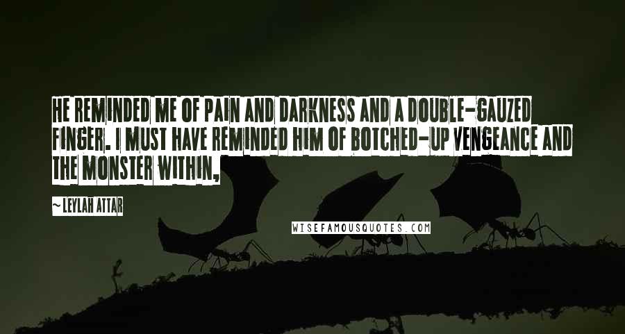 Leylah Attar Quotes: He reminded me of pain and darkness and a double-gauzed finger. I must have reminded him of botched-up vengeance and the monster within,