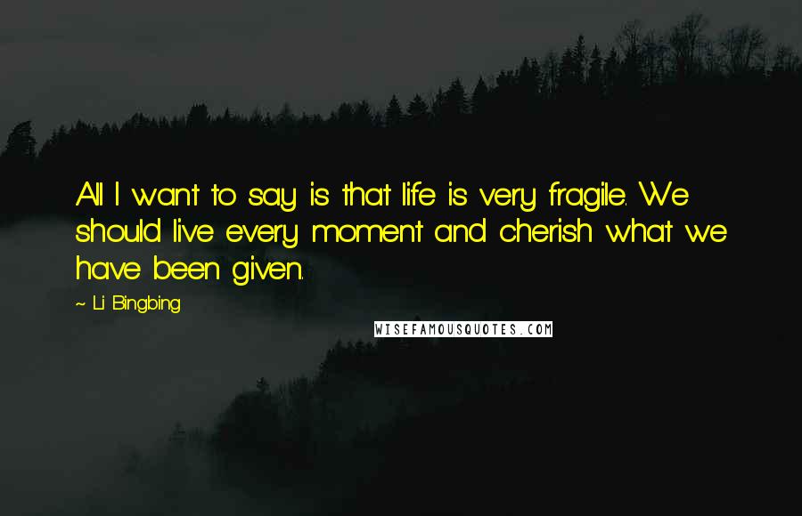 Li Bingbing Quotes: All I want to say is that life is very fragile. We should live every moment and cherish what we have been given.