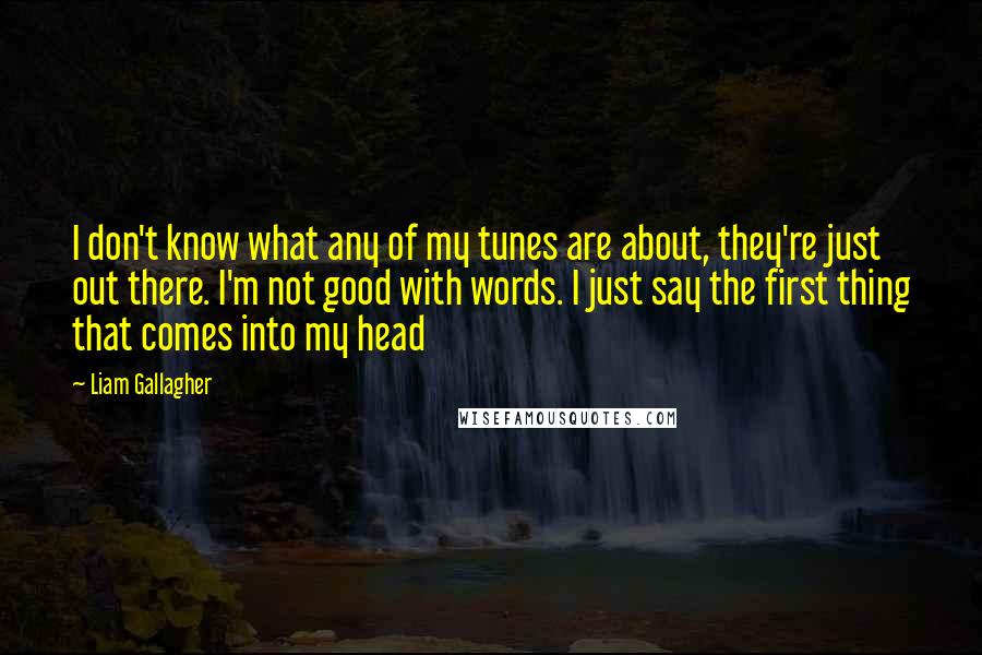 Liam Gallagher Quotes: I don't know what any of my tunes are about, they're just out there. I'm not good with words. I just say the first thing that comes into my head