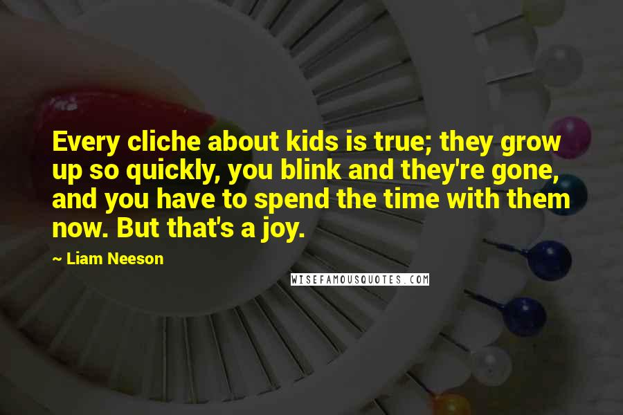 Liam Neeson Quotes: Every cliche about kids is true; they grow up so quickly, you blink and they're gone, and you have to spend the time with them now. But that's a joy.