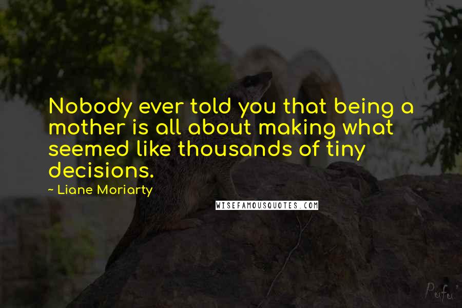 Liane Moriarty Quotes: Nobody ever told you that being a mother is all about making what seemed like thousands of tiny decisions.
