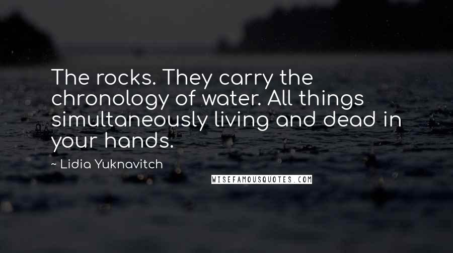 Lidia Yuknavitch Quotes: The rocks. They carry the chronology of water. All things simultaneously living and dead in your hands.