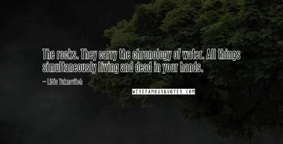 Lidia Yuknavitch Quotes: The rocks. They carry the chronology of water. All things simultaneously living and dead in your hands.