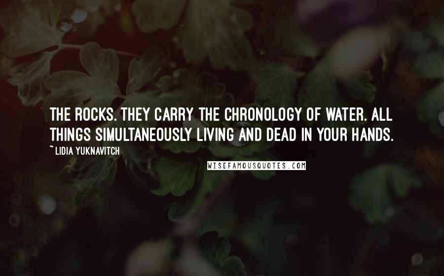 Lidia Yuknavitch Quotes: The rocks. They carry the chronology of water. All things simultaneously living and dead in your hands.