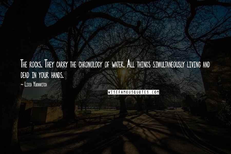 Lidia Yuknavitch Quotes: The rocks. They carry the chronology of water. All things simultaneously living and dead in your hands.