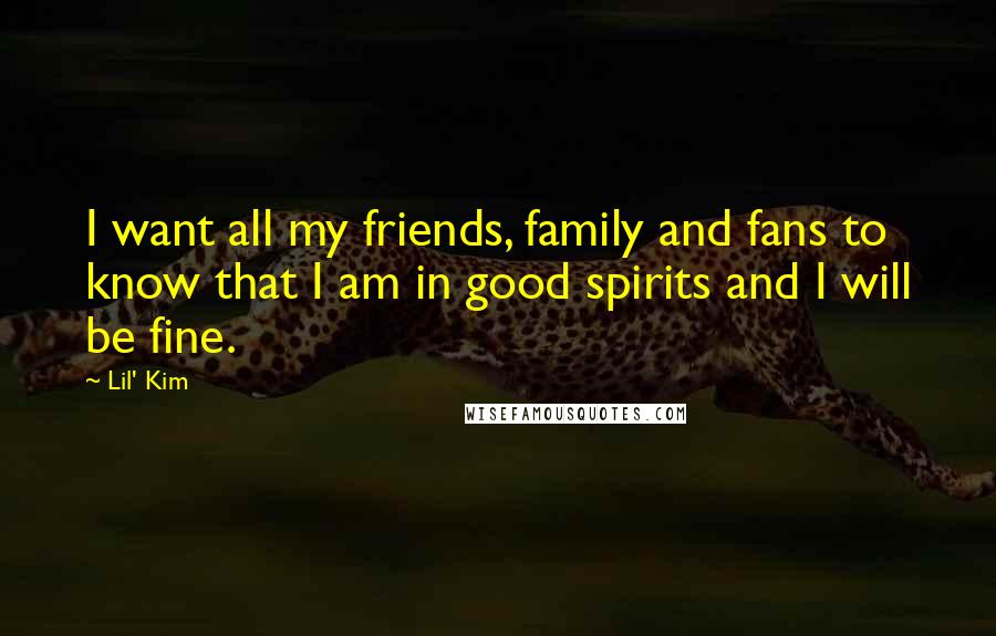 Lil' Kim Quotes: I want all my friends, family and fans to know that I am in good spirits and I will be fine.