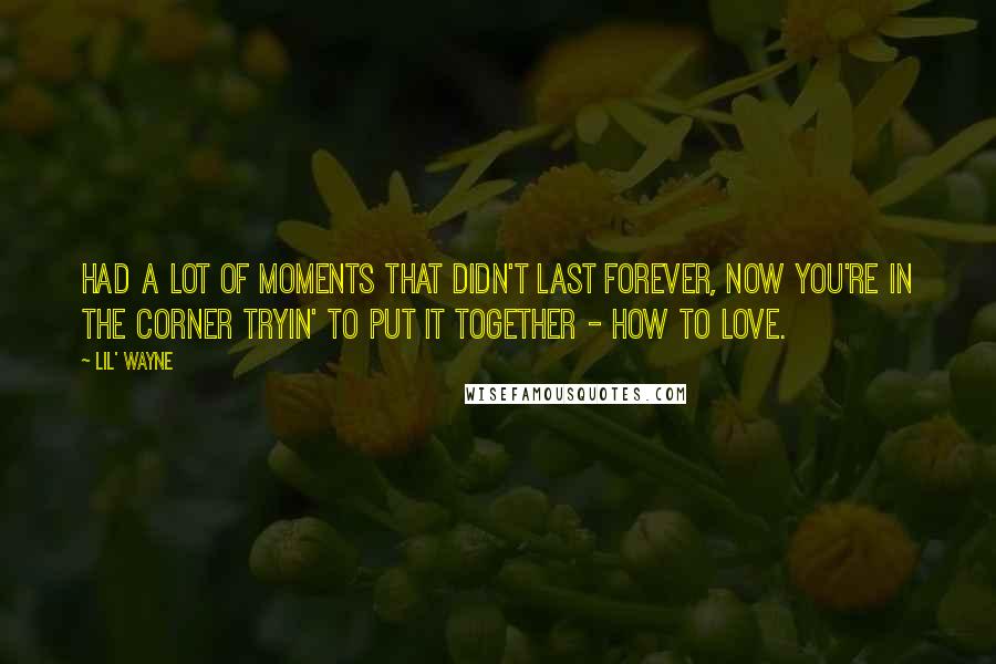 Lil' Wayne Quotes: Had a lot of moments that didn't last forever, now you're in the corner tryin' to put it together - how to love.