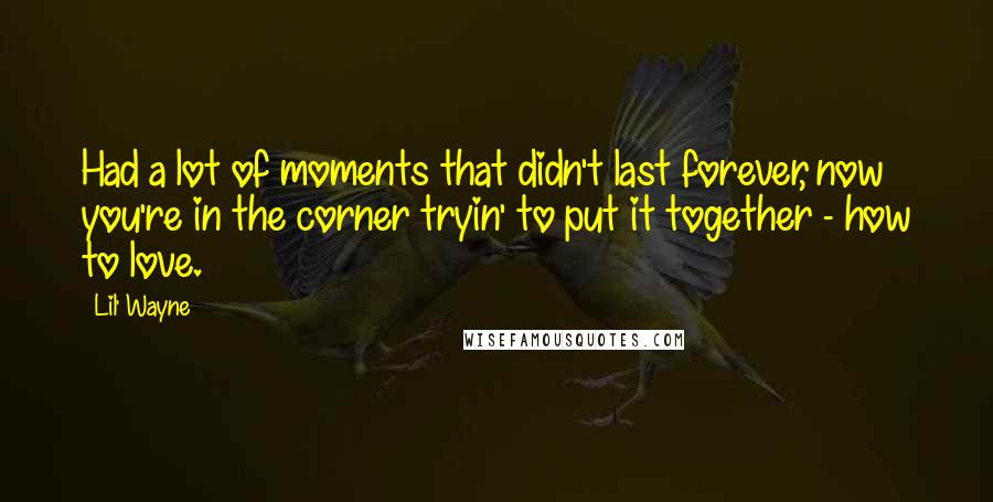 Lil' Wayne Quotes: Had a lot of moments that didn't last forever, now you're in the corner tryin' to put it together - how to love.