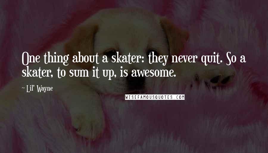 Lil' Wayne Quotes: One thing about a skater: they never quit. So a skater, to sum it up, is awesome.