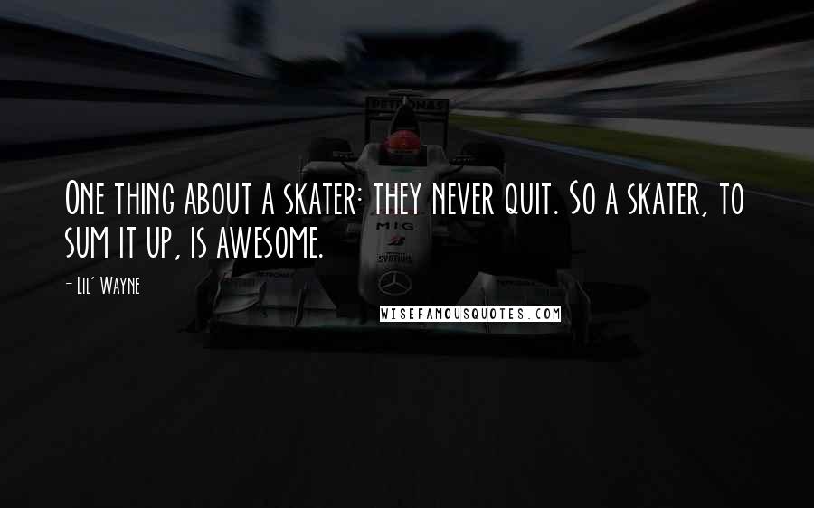 Lil' Wayne Quotes: One thing about a skater: they never quit. So a skater, to sum it up, is awesome.