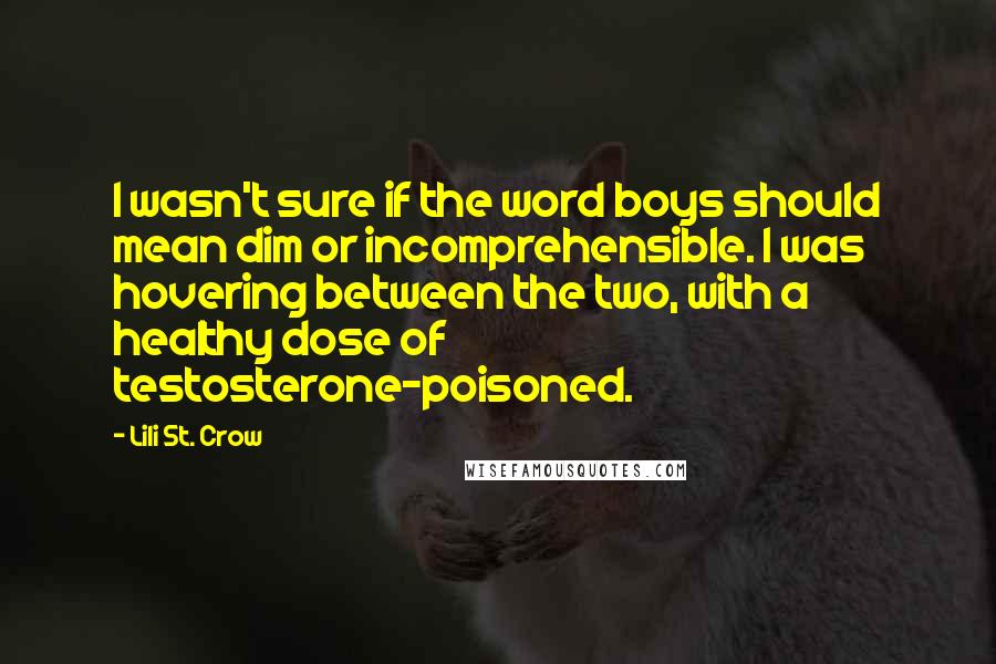 Lili St. Crow Quotes: I wasn't sure if the word boys should mean dim or incomprehensible. I was hovering between the two, with a healthy dose of testosterone-poisoned.